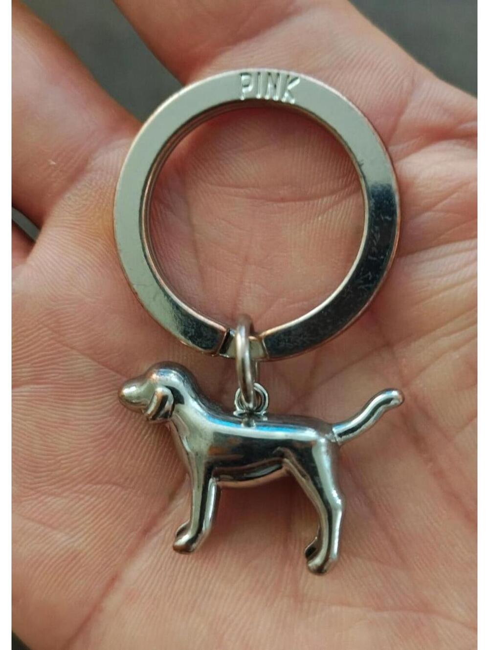 Victoria's Secret Pink Logo Silver Tone Dog Charm Keychain/Keyring